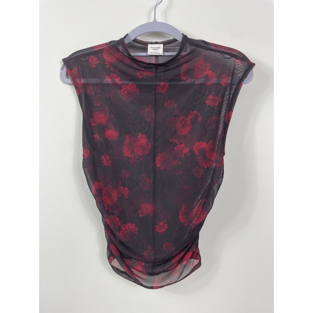 Abercrombie & Fitch Red Rose Floral Mesh Mock Neck Ruched Sleeveless Top S